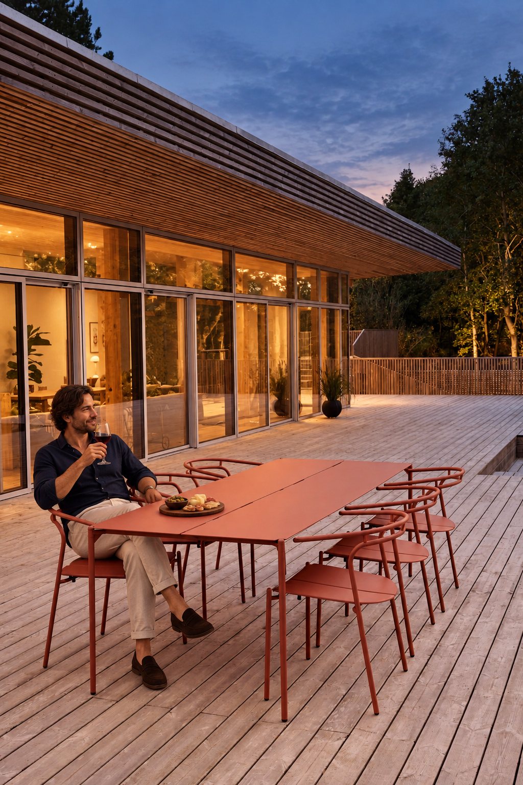 NOVO dining table and chairs on a terrace at dusk